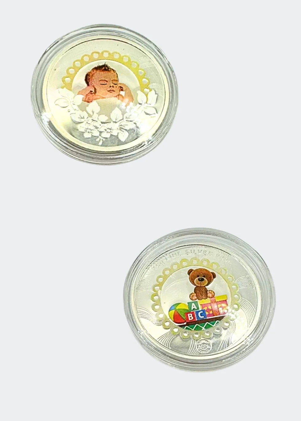10g baby silver coin with sleeping baby and teddy designs