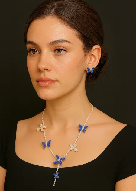18k white gold butterfly necklace with sapphires and diamonds