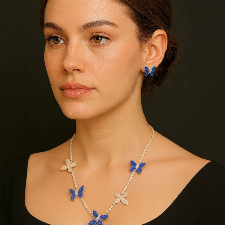 18k white gold butterfly necklace with sapphires and diamonds