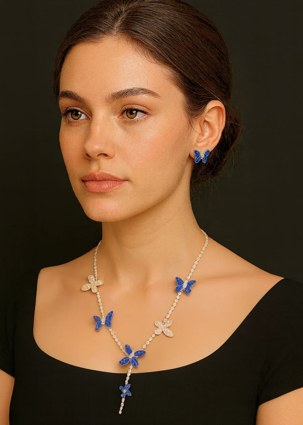 18k white gold butterfly necklace with sapphires and diamonds
