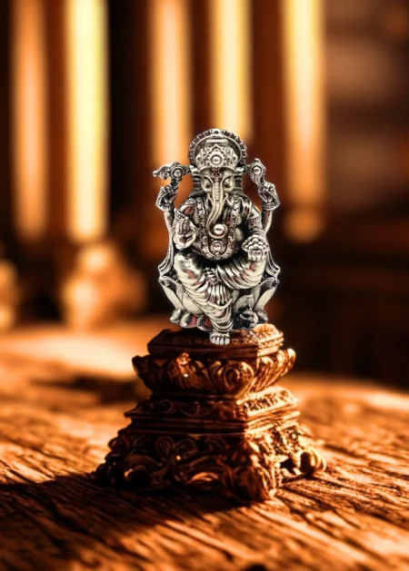 handcrafted pure silver ganesha idol with ornate base design
