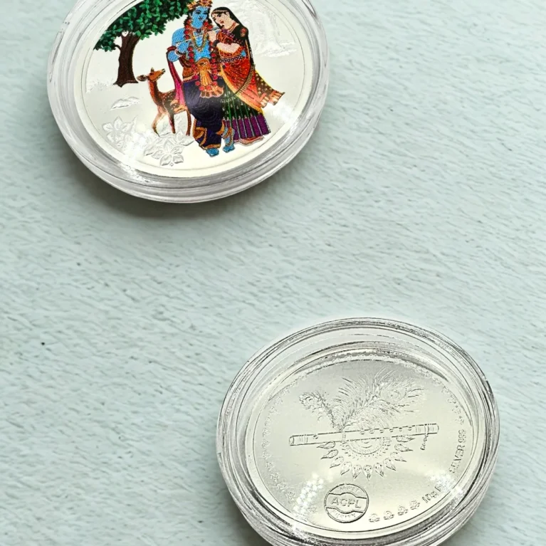 10g Radha Krishna silver coin with flute and peacock feather design