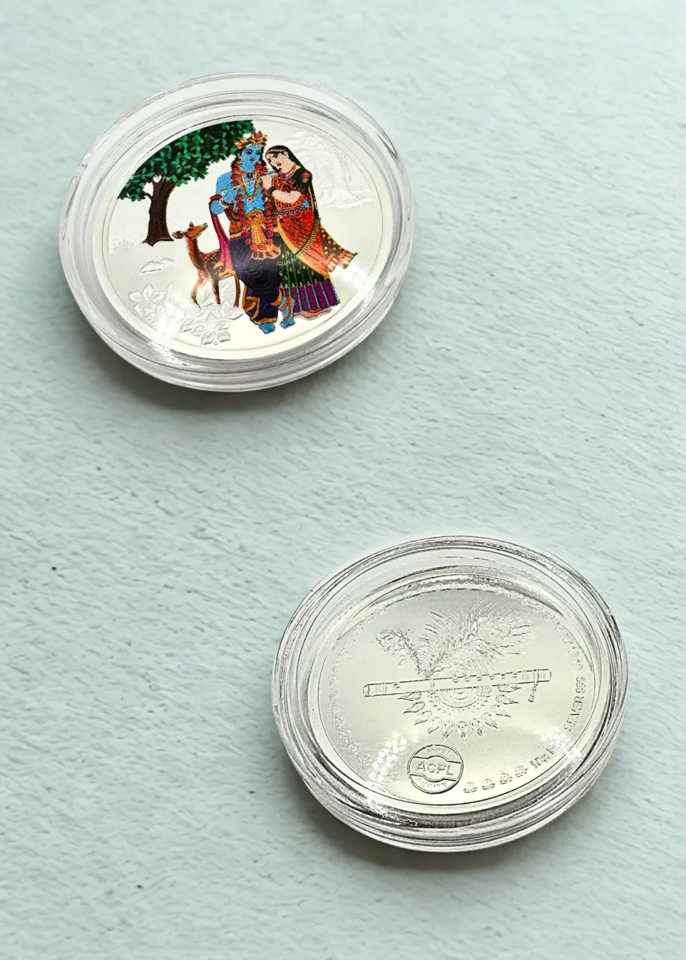 10g Radha Krishna silver coin with flute and peacock feather design