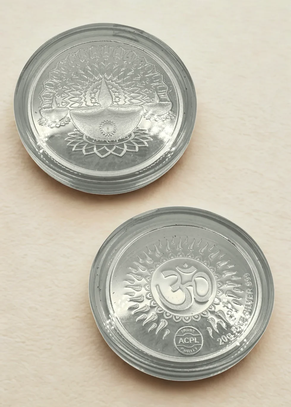 999 Silver Coin – 20g Diya Design with Om and Sun Motif USA