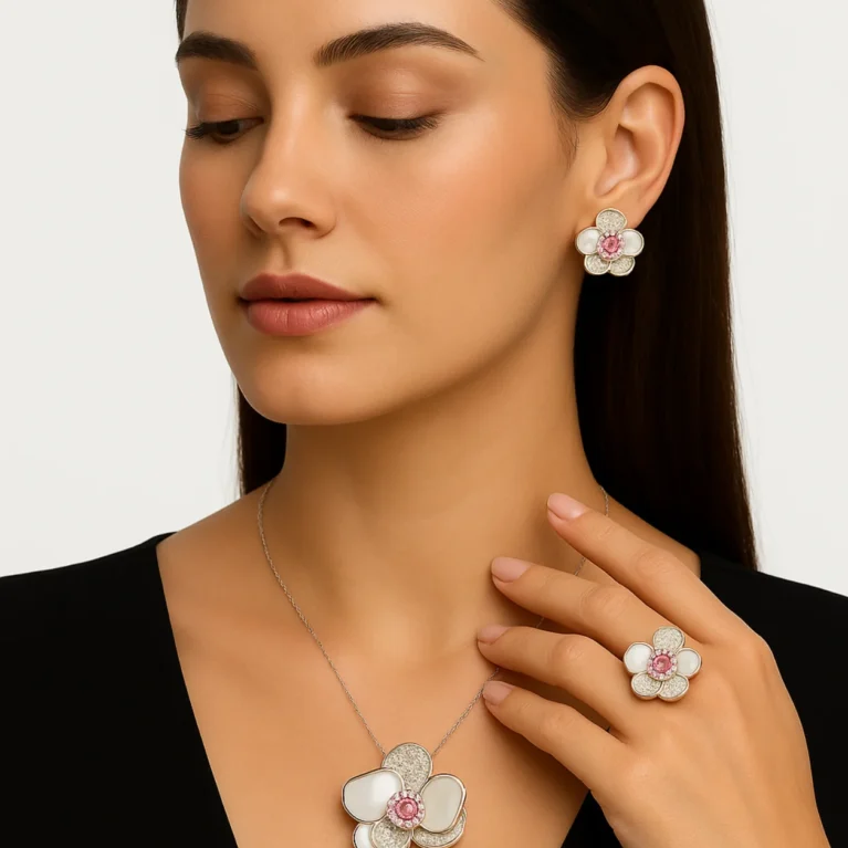 18k pink blossom diamond jewelry set with fancy pink and white diamonds