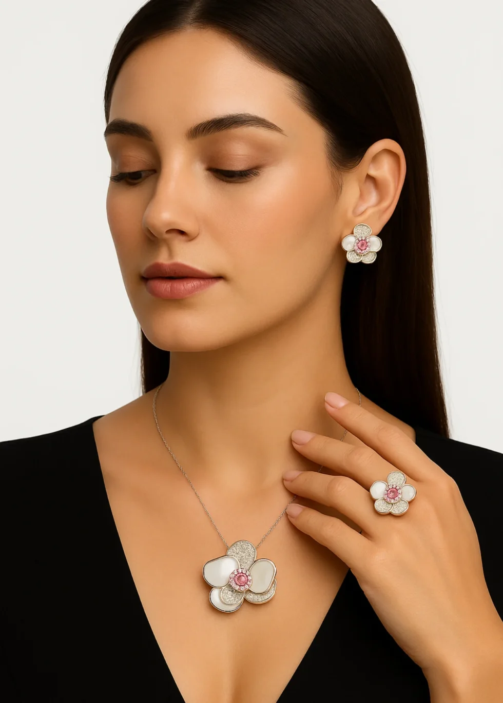 18k pink blossom diamond jewelry set with fancy pink and white diamonds