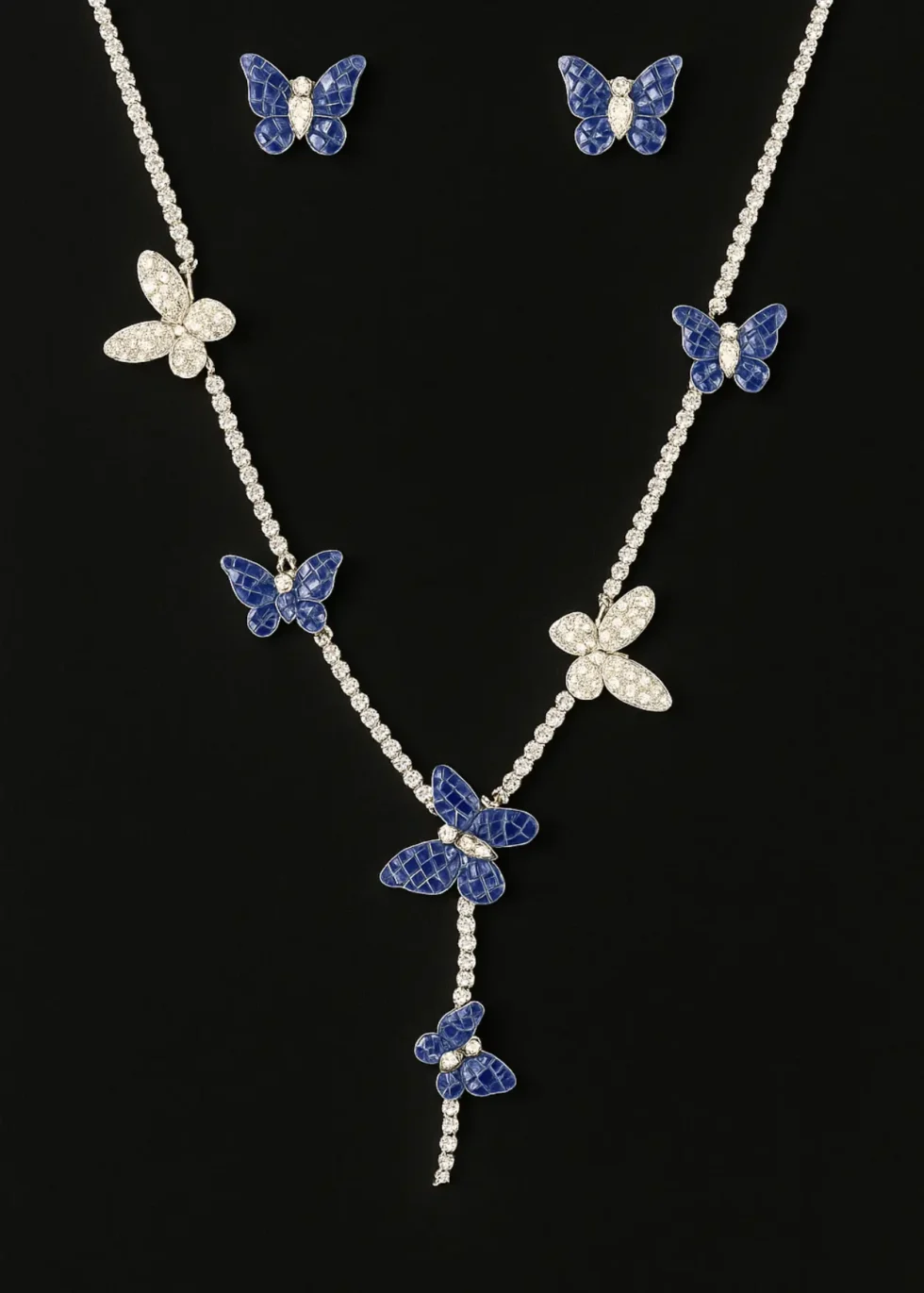 18k white gold butterfly necklace with sapphires and diamonds