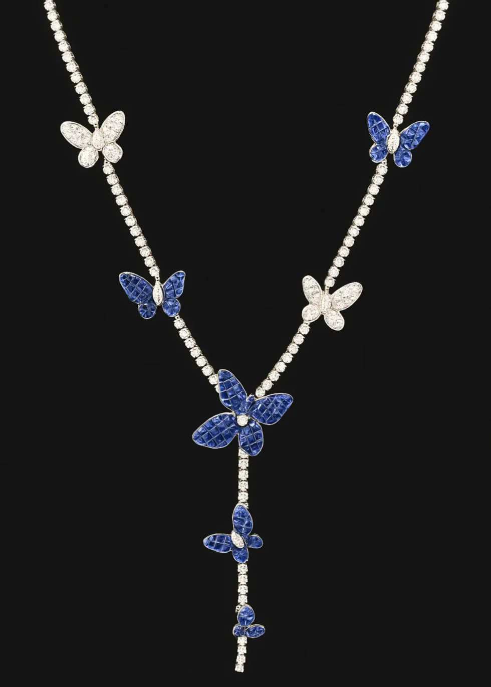 18k white gold butterfly necklace with sapphires and diamonds