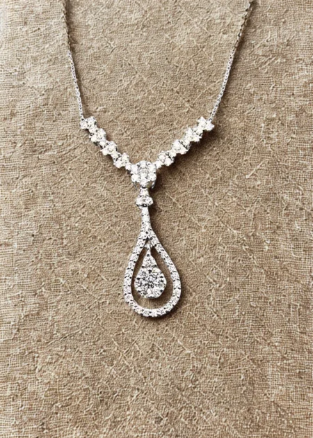 14k white gold teardrop diamond necklace with halo pendant
