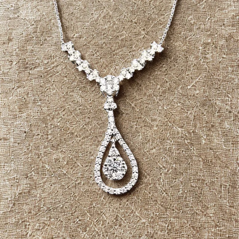 14k white gold teardrop diamond necklace with halo pendant