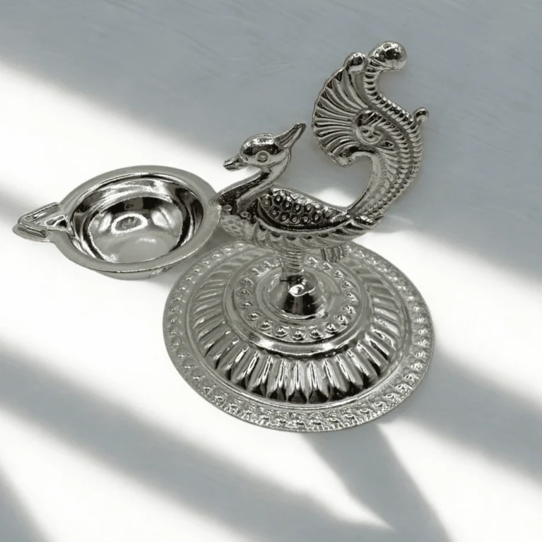 999 Silver Peacock Diya – 26.1g Fine Silver Diya USA