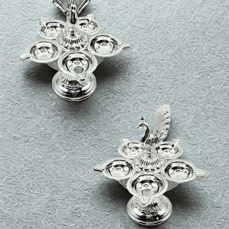 999 Silver Peacock Panchmukhi Silver Diya – 44.8g, USA