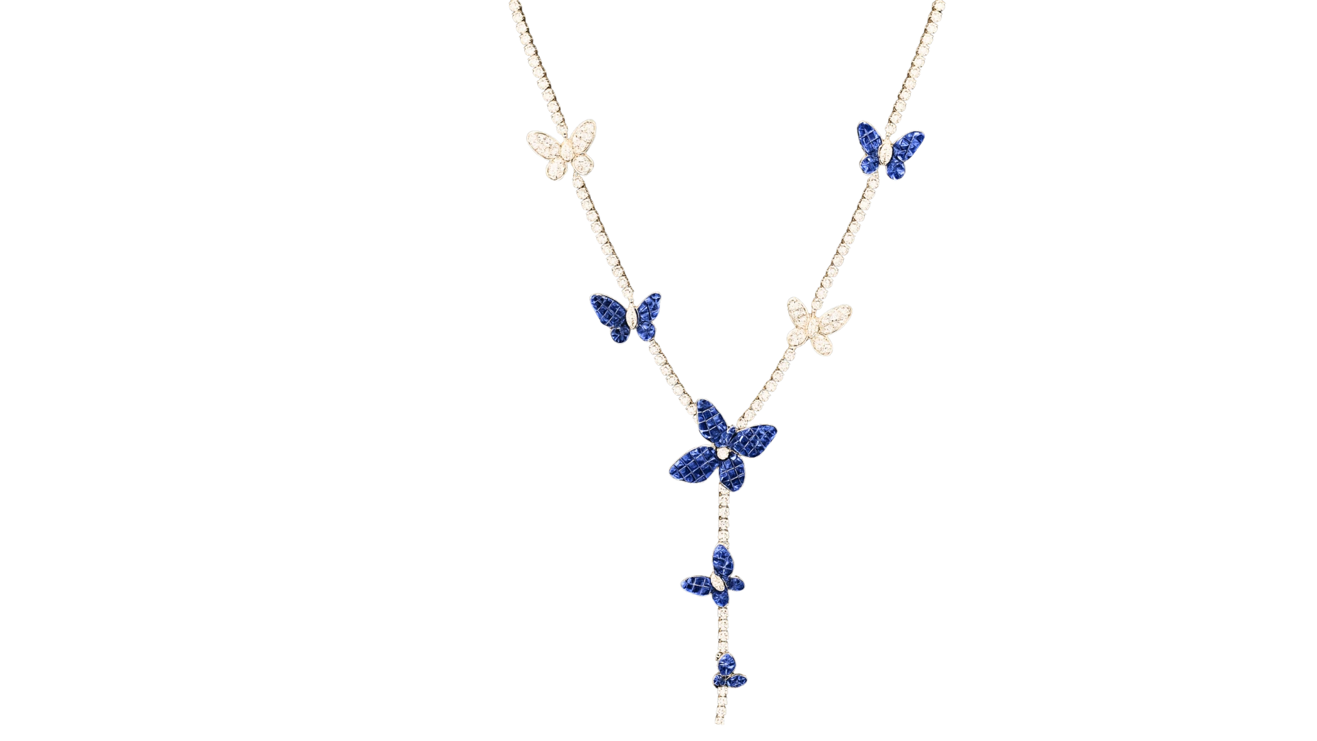 Butterfly diamond and sapphire necklace in 18K white gold | Luxury gold & diamond jewelry online USA – Vraj