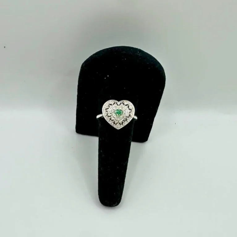 Green Diamond Ring in White Gold with Heart Design