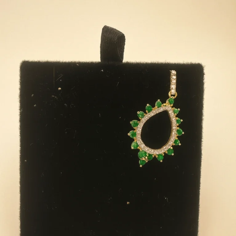 Emerald Gold Pendant 14KT Teardrop Diamond Halo