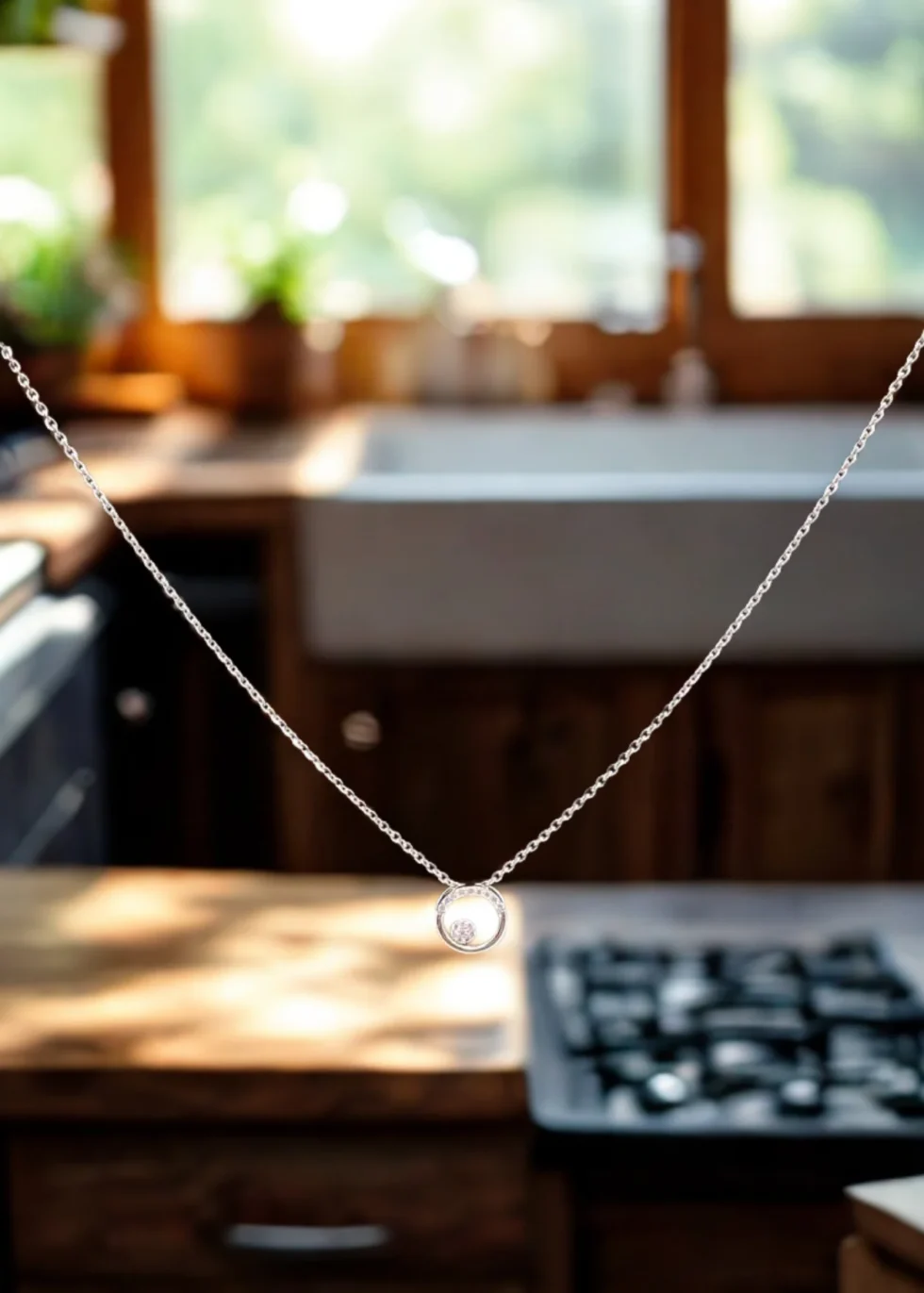 14KT white gold diamond pendant necklace with round diamond center