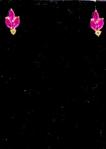 Ruby Gold Earrings with Diamond Leaf Design